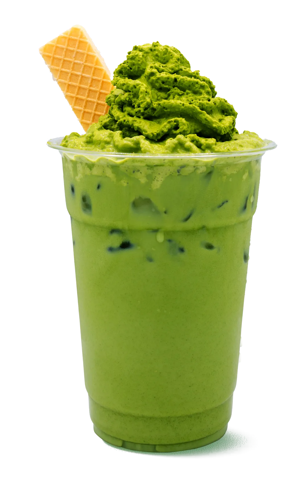 Two-in-one matcha dessert drink: iced matcha milk topped with matcha soft serve and a waffle cone in a clear cup. Combines beverage and ice cream in a single Japanese-inspired treat.